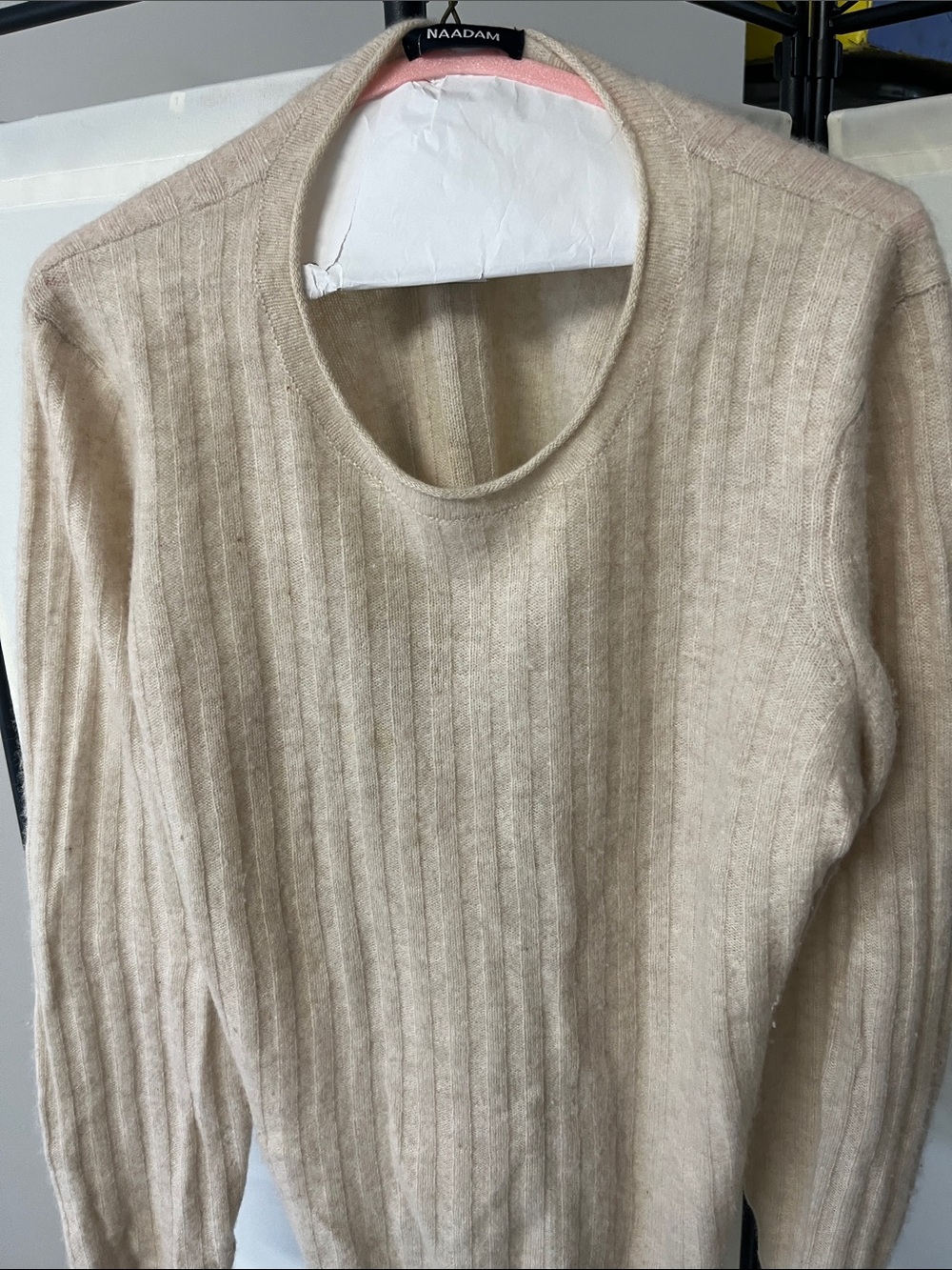 NAADAM XL Cashmere Lightweight Ribbed Crewneck Sweater in Beige